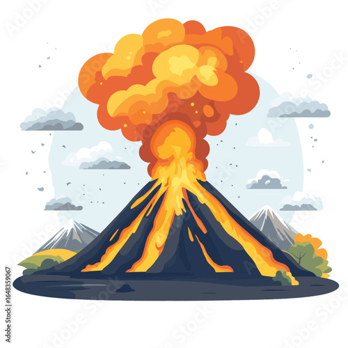 Volcanic Eruption on White Background, vector style simple color