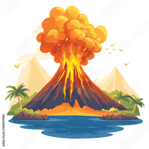 Volcanic Eruption on White Background, vector style simple color