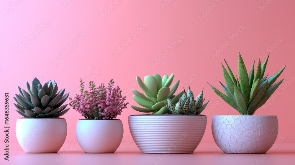 Obraz premium Minimalist succulents in white pots, soft pink background, still life