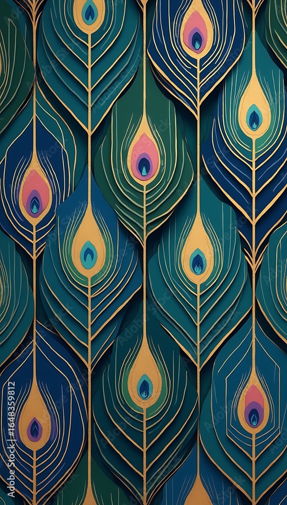 Fototapeta premium Modern wallpaper design inspired by peacock feathers, using geometric shapes, jewel tones, and metallic gold accents for a luxurious and cultural feel.