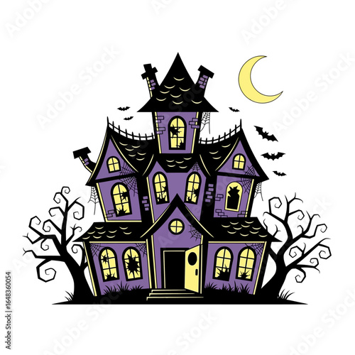 Wallpaper Mural Haunted house under full moon with flying bats. Suitable for halloweenthemed designs and spooky content creation projects. Torontodigital.ca