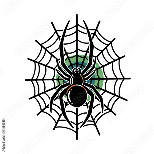 Black spider on web in green circle, perfect for halloween designs, arachnidthemed content, wildlife articles, or spooky invitations.