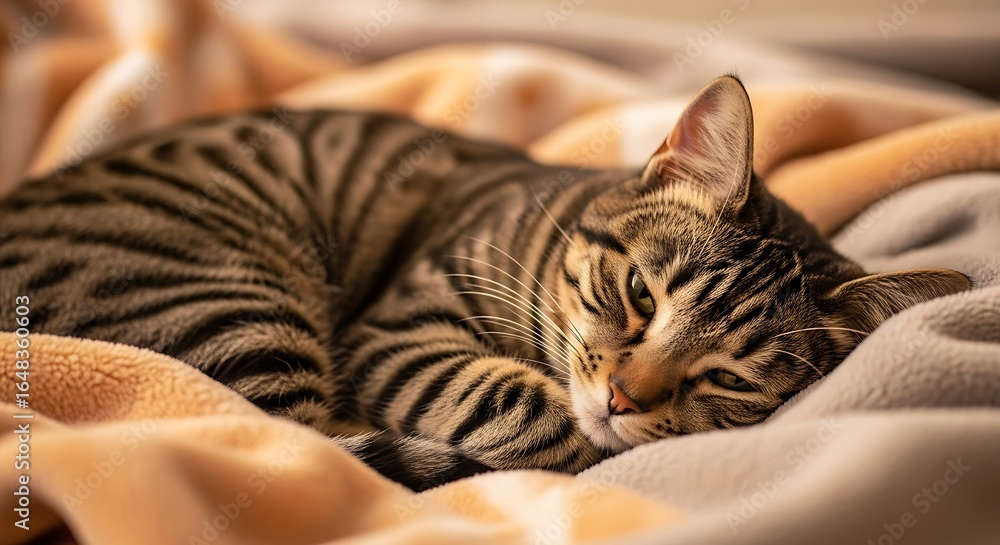 Sleeping beauty a tabby cat rests peacefully on a soft plush blanket indoors Sleeping beauty a tabby cat rests peacefully on a soft plush blanket indoors
