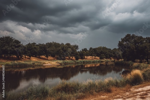 Calm pond reflecting stormy sky, trees line the shore
