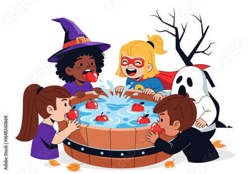 Kids in colorful costumes play a fun game of bobbing for apples, gathered around a barrel of water during a halloween party. Ideal for halloweenthemed designs and promotions.