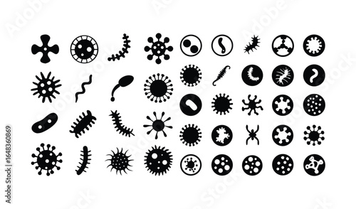 Collection of diverse microscopic organisms and viruses in black and white illustration
