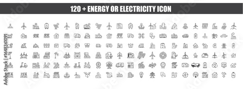 set of 120 + renewable energy and low emission sustainable power system line icon set including solar, wind, hydrogen and EV charging. Clean energy generation and grid infrastructure vector