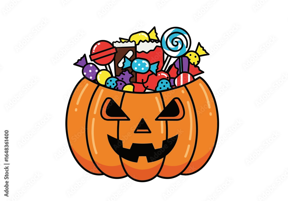 Fototapeta premium Pumpkin overflowing with halloween candy suitable for festive holiday backgrounds, party invitations, and costume advertisements. Bright and festive.