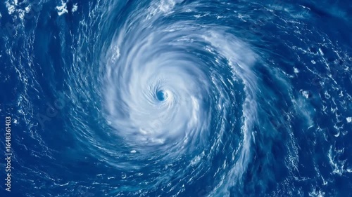 Aerial view of a powerful hurricane vortex with swirling clouds over the ocean.