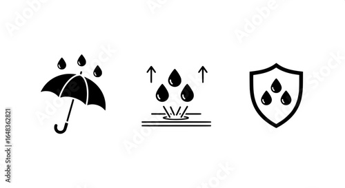 A versatile graphic icon set showcasing essential waterproof, water-resistant, and repellent properties for durable material protection, highlighting impermeability and security.