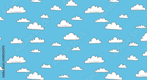 Cartoon sky with many white clouds on a blue background.