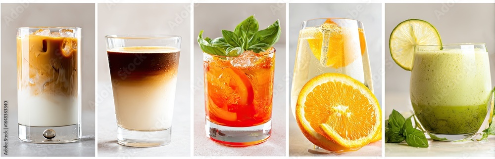 Four refreshing drinks in glass, iced and layered Four refreshing drinks in glass, iced and layered
