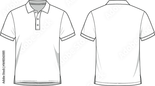 Classic men polo shirt vector flat sketch, short sleeve shirt front and back view, fashion design template for apparel mockup