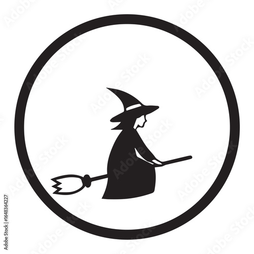 Mysterious witch silhouette flying on a broomstick within a black circle emblem for Halloween and fantasy themes