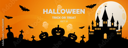 creepy black puri silhouette in the background of orange, full moon, cemetery, pumpkin and ghost. Happy Halloween