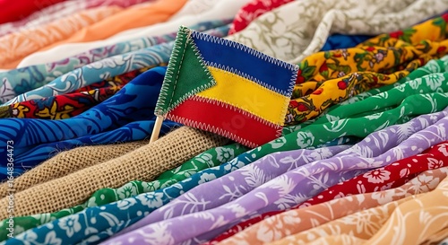Handmade Flag of South Sudan Amidst Vibrant Fabrics: A Celebration of Culture