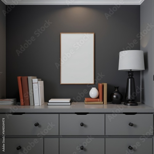Dark art room interior with drawer books and decoration mock up posters book mockup blank template isolated book professional presentation blank empty  creative composition versatile use  