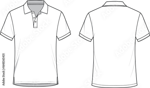 Men polo t-shirt front and back view, short sleeve technical flat sketch, vector fashion template for clothing mockup illustration