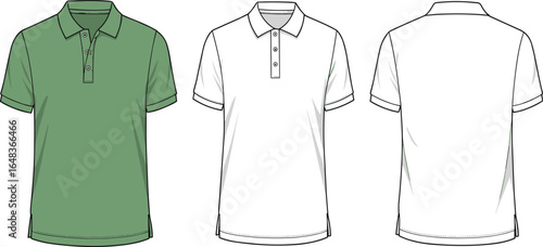 Men's polo shirt fashion flat sketch, front and back view vector template, casual wear technical drawing for apparel design use
