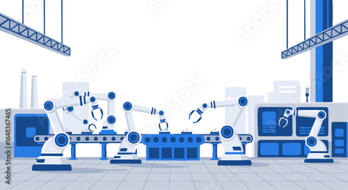 Illustration of a smart factory with automated robotic arms working on a production conveyor belt.