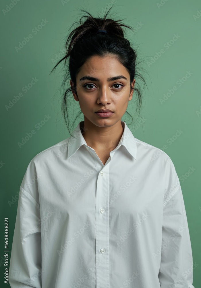 Portrait of a young woman with her hair in a messy bun, looking seriously at the camera against a green background Portrait of a young woman with her hair in a messy bun, looking seriously at the camera against a green background