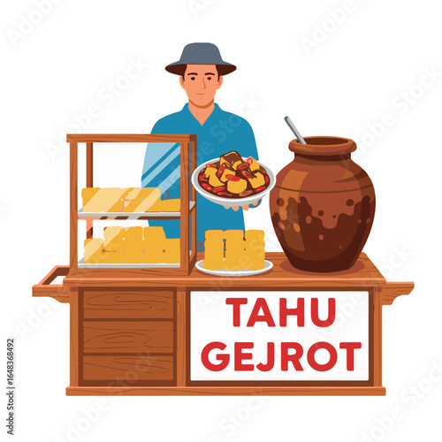 Traditional Indonesian Street Food Vendor Selling Tahu Gejrot with a Large Clay Pot and Display Case