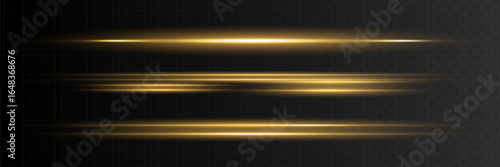 Set of yellow horizontal glare. Laser beams, horizontal light rays. Glowing stripes on dark background. Glowing abstract