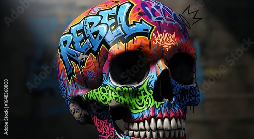 Vibrant skull art featuring graffiti rebel tag in a fusion of contemporary designs