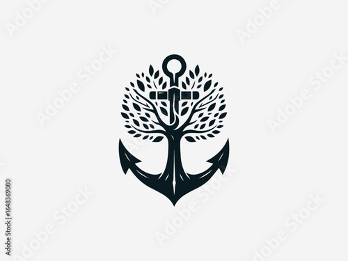 Nature-inspired anchor and tree fusion in eco-friendly vector logo illustration
