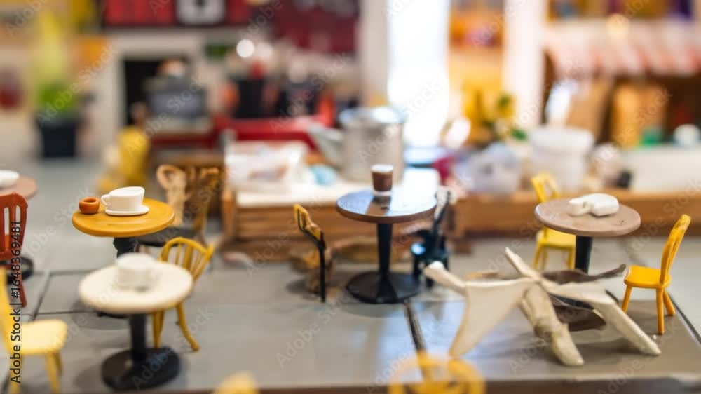 Detailed Miniature Cafe Scene Featuring Coffee Tables Chairs and Wooden ...