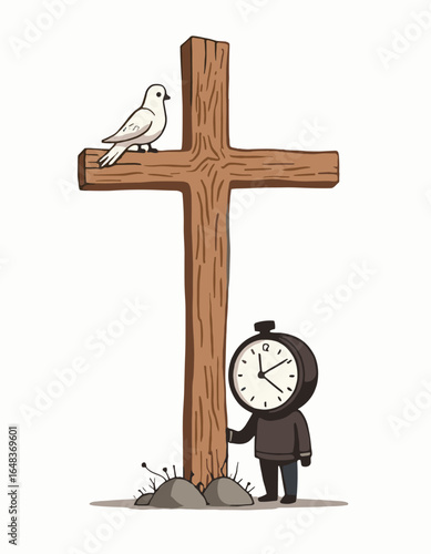 Wooden cross with white dove and large clock-headed figure