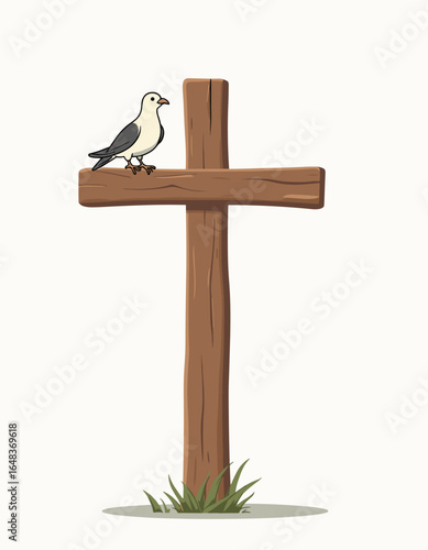 Wooden cross with a seagull perched on top
