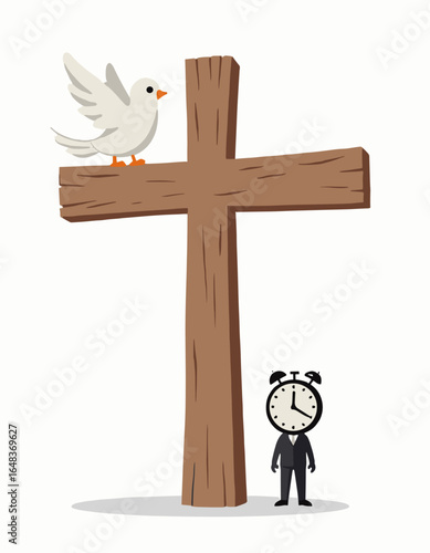 Wooden cross with white dove and clock-headed figure
