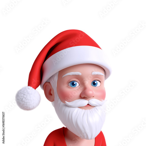 Cartoon Santa Claus with a red hat and white beard on a white background.