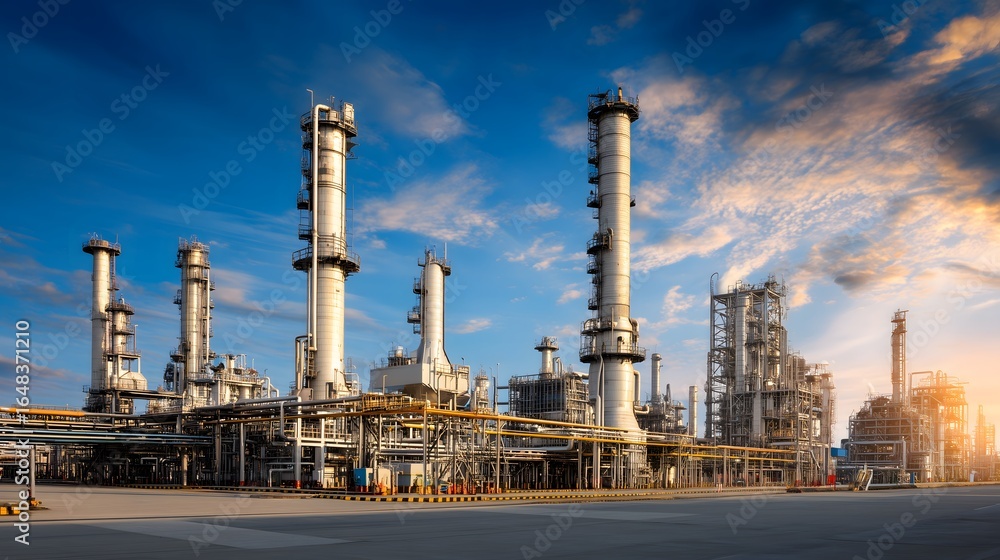 Obraz premium Large industrial oil refinery plant with tall distillation towers and pipelines under blue sky, petrochemical industry facility for energy production and processing