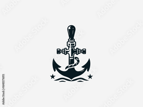 Nautical anchor and beer tap handle combined in vintage pub vector logo