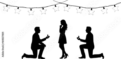 Silhouette of man proposing to woman under star string lights in romantic illustration scene design | editable eps vectors
