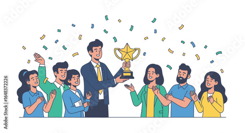 A man in a suit holds a golden trophy while his colleagues applaud under falling confetti, celebrating a success.