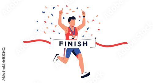An athlete crosses the finish line, arms raised in victory, with confetti falling around him.