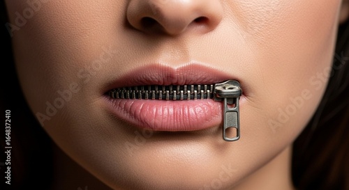 Woman with zipper on mouth in protest