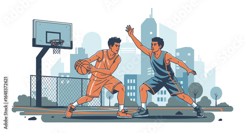Two basketball players face off on an outdoor court with a cityscape backdrop, one dribbling the ball while the other defends.