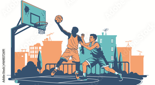 Two basketball players compete on an outdoor court with city buildings in the background, one player attempting a shot.
