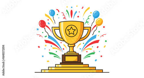 A golden trophy sits atop a golden staircase, surrounded by colorful confetti and balloons, symbolizing success and achievement.