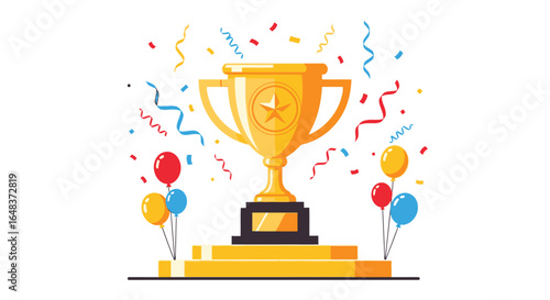 Golden trophy cup on a pedestal with confetti and balloons, celebrating victory and achievement.