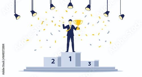 A businessman stands on a winner's podium holding a golden trophy under bright spotlights and falling confetti, celebrating success.