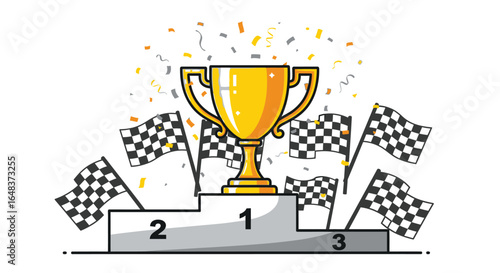 A golden trophy sits atop a podium with checkered flags and confetti, symbolizing victory and achievement.