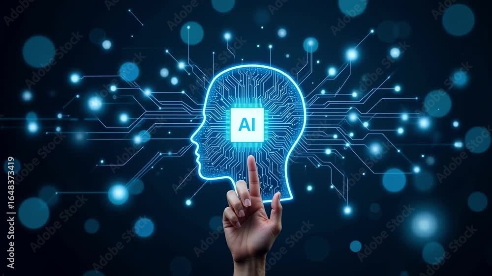 Hand touching ai head outline with circuit board pattern on dark bokeh background design concept Hand touching ai head outline with circuit board pattern on dark bokeh background design concept