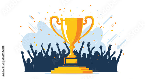 Illustration of a large golden trophy on a staircase with silhouetted figures celebrating with raised arms amidst confetti.