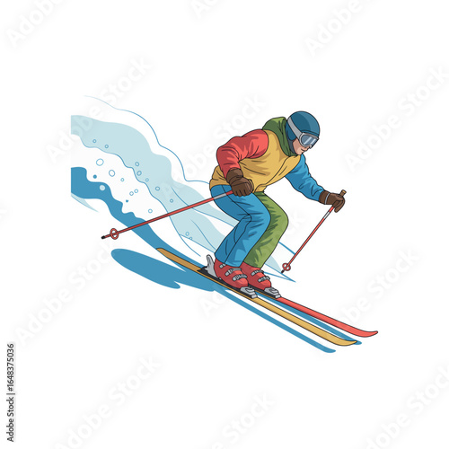 Man skiing down a snowy slope wearing a colorful jacket and blue helmet skier winter sport