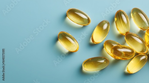Golden omega-3 fish oil capsules on blue background, dietary supplement softgels rich in healthy fats and vitamins for wellness, heart health, and nutrition support